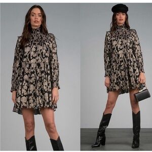 ELAN Metallic Mock Neck Mini Dress Women's M Black/Gold Floral Back Zip Closure
